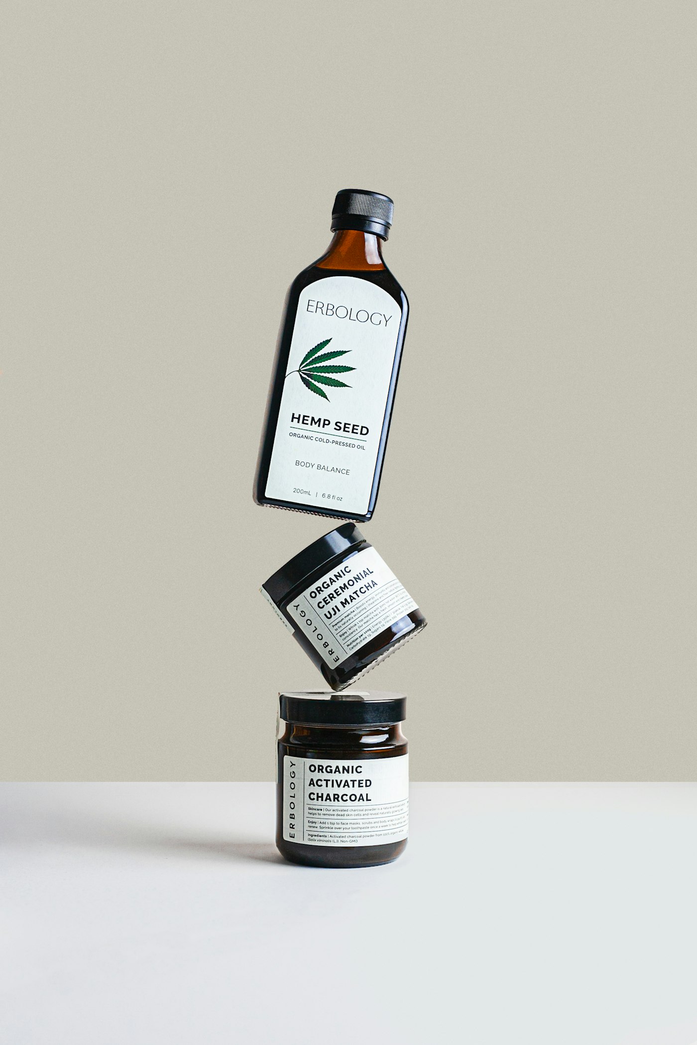 Product packaging and branded bottles from a visual identity project
